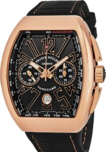 Franck Muller Vanguard Men's Rose Gold Automatic Chronograph Watch with a black dial and rose gold case, showcasing its intricate design and chronograph functions.