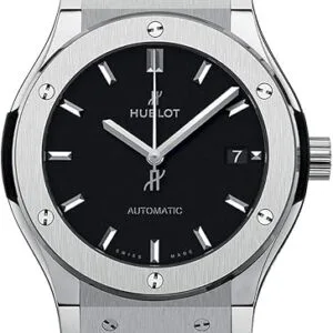 Hublot Classic Fusion Automatic black dial titanium watch 511NX1171LR on wrist with black rubber strap. Hublot Classic Fusion titanium vs ceramic