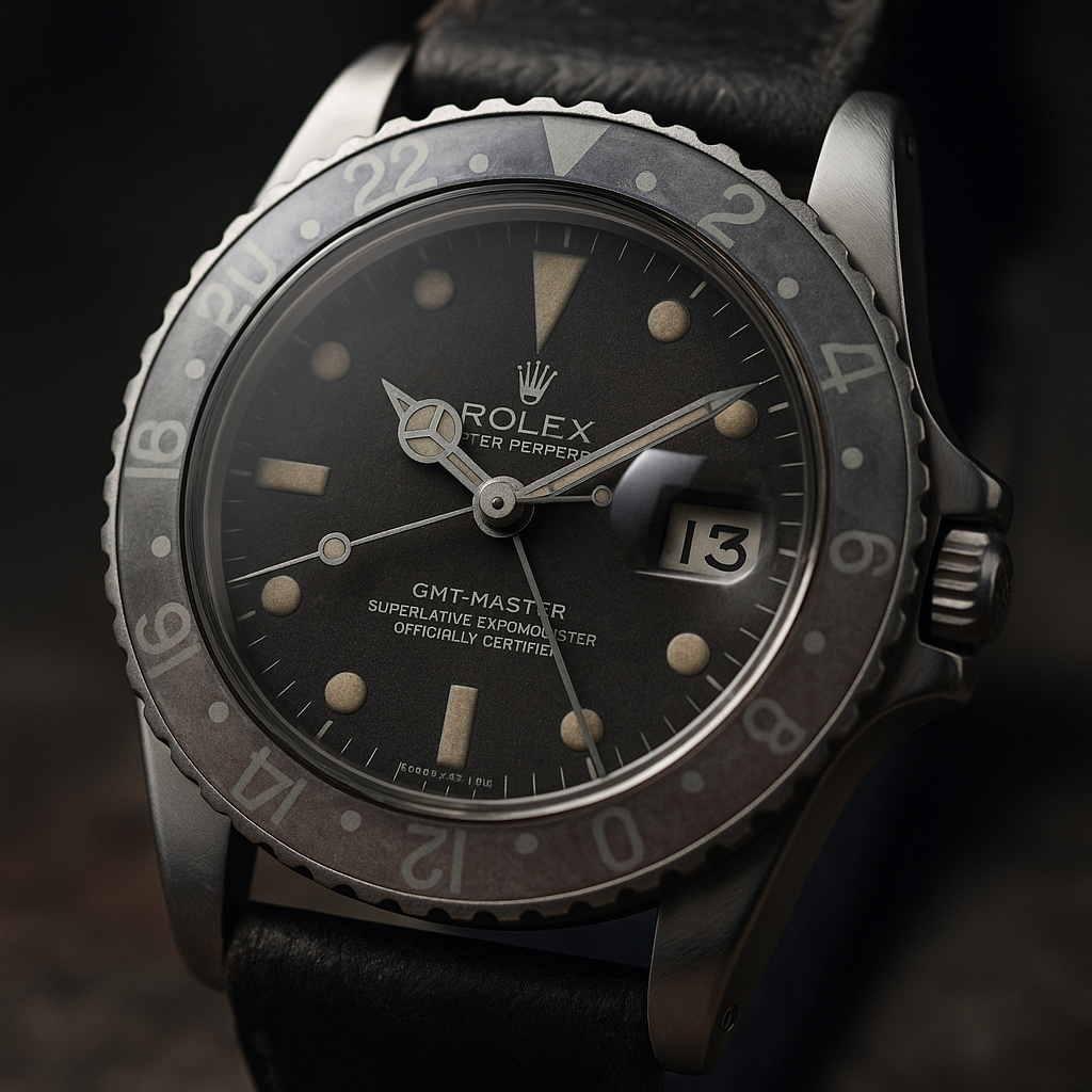 Luxury wristwatch with a ghost bezel faded from years of use, featuring a vintage Rolex GMT