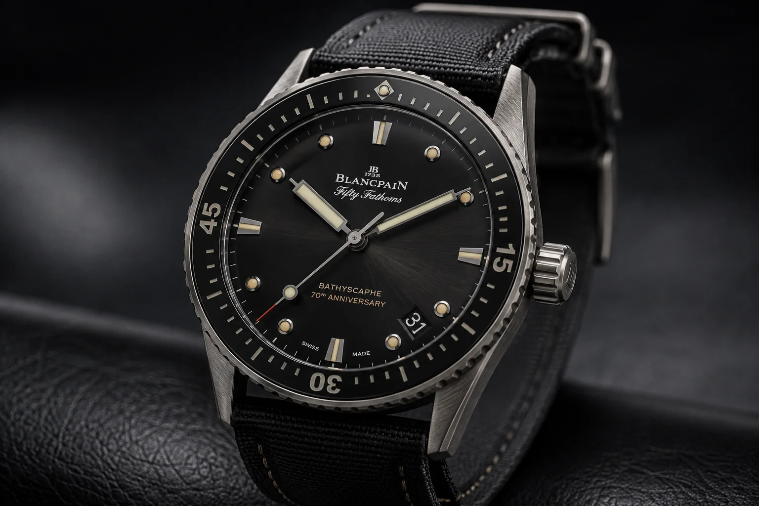 Blancpain Fifty Fathoms Bathyscaphe 70th Anniversary limited-edition dive watch with steel case and meteor grey dial