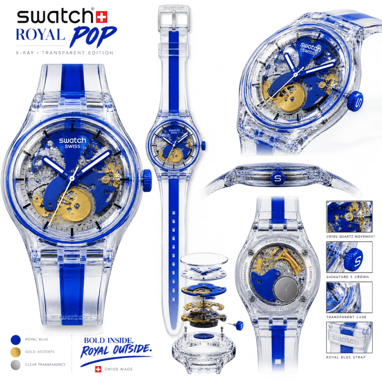 Royal Pop Swatch collection of eight Bioceramic pocket watches in vibrant colors on display
